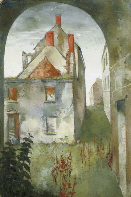 ABANDONED HOUSES SEEN THROUGH AN ARCHWAY by Patrick Hennessy RHA (1915-1980) at Whyte's Auctions