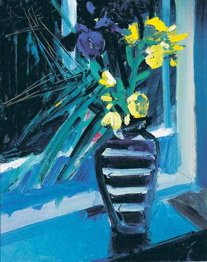 STRIPED VASE WITH IRISES by Brian Ballard RUA (b.1943) at Whyte's Auctions