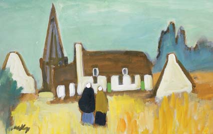 COTTAGES AND CHURCH FROM HARVEST FIELD by Markey Robinson (1918-1999) at Whyte's Auctions