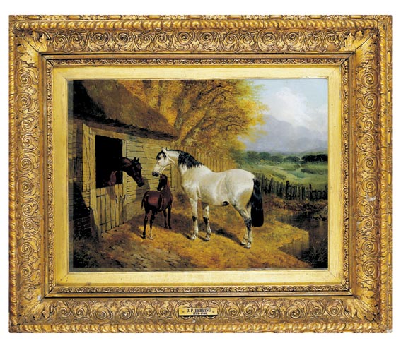 STABLE-YARD WITH TWO HORSES AND A FOAL, AND A RIVERINE LANDSCAPE BEYOND by John Frederick Herring Jnr (1815-1907) at Whyte's Auctions