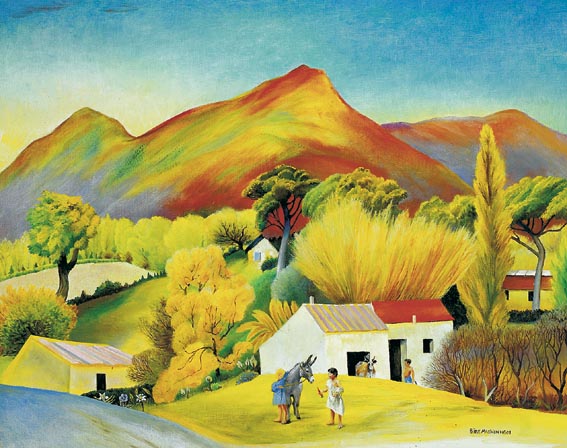 CHILDREN WITH A DONKEY OUTSIDE FARM BUILDINGS IN A VALLEY by Sine MacKinnon (1901-1996) (1901-1996) at Whyte's Auctions