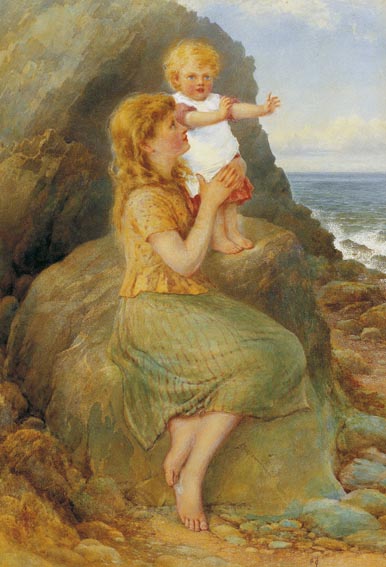 YOUNG WOMAN AND INFANT GIRL SEATED ON ROCKS BY THE SEA by Samuel McCloy (1831-1904) at Whyte's Auctions