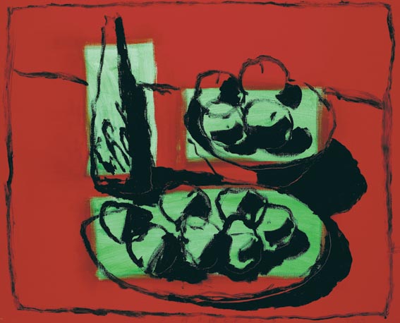 RED AND GREEN STILL LIFE by Neil Shawcross MBE RHA HRUA (b.1940) at Whyte's Auctions