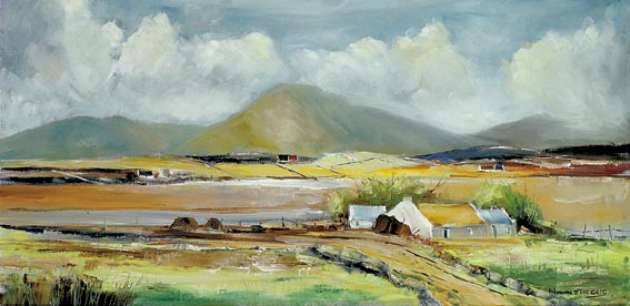 COASTAL BAY WITH COTTAGES AND MOUNTAINS by Norman J. McCaig (1929-2001) at Whyte's Auctions