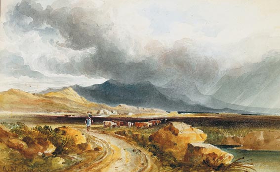 CATTLE IN BOGLAND, WITH A RAIN SHOWER APPROACHING by Andrew Nicholl RHA (1804-1886) at Whyte's Auctions