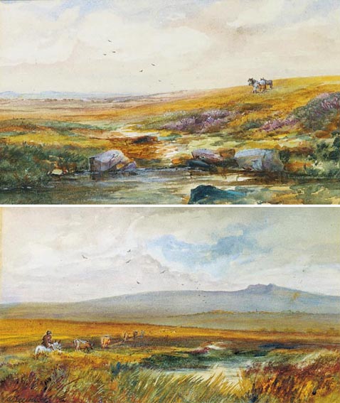 HORSEMAN HERDING CATTLE ALONG A BOG ROAD and BOGLAND WITH HORSE AND FOAL (A PAIR) by Wycliffe Egginton RI RWS (1875-1951) at Whyte's Auctions
