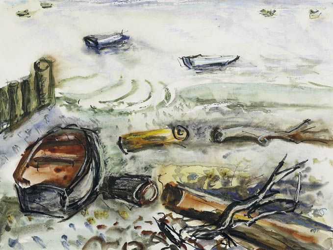 BOAT AND TIDAL FLOTSAM ON STRAND by Moila Powell (1895-1994) at Whyte's Auctions