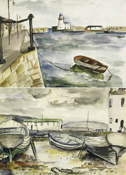 HOWTH HARBOUR WITH VIEW OF LIGHTHOUSE and BOATS AT THE UPPER HARBOUR, HOWTH (A PAIR) by Moila Powell sold for �2,500 at Whyte's Auctions