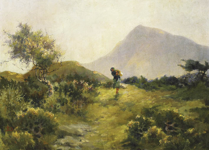 MOUNTAIN LANDSCAPE WITH THORN TREES AND GORSE AND A YOUNG WOMAN CARRYING A BASKET by Lilian Lucy Davidson sold for �6,200 at Whyte's Auctions