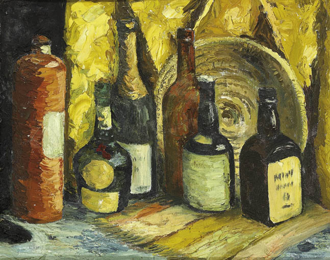 STILL LIFE WITH BOTTLES AND BASKET by Ronald Ossory Dunlop RA RBA NEAC (1894-1973) at Whyte's Auctions