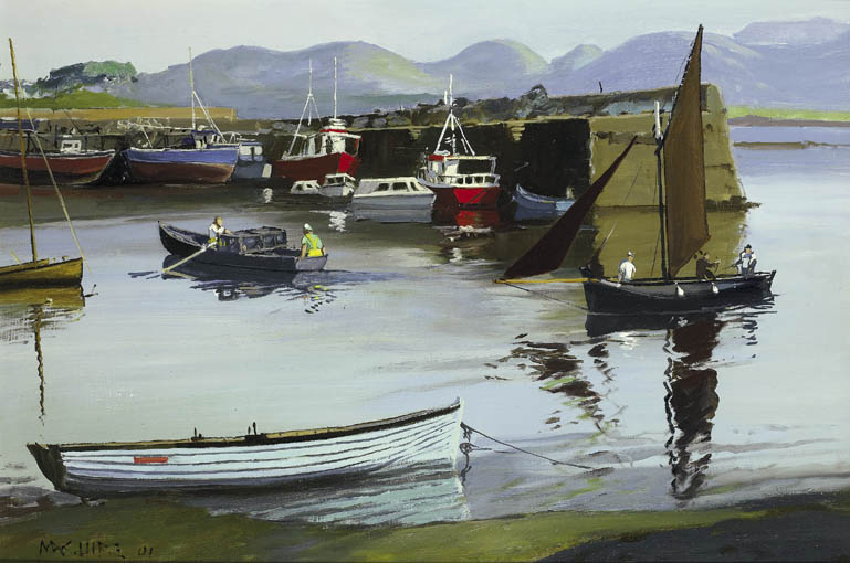 BOATS IN THE HARBOUR, ROUNDSTONE by Cecil Maguire sold for �7,500 at Whyte's Auctions