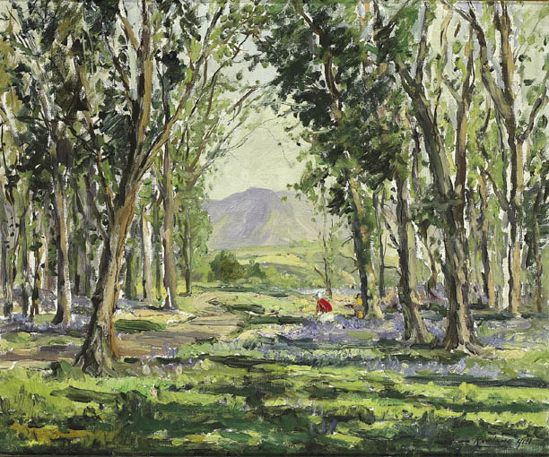 WOODLAND LANDSCAPE WITH A YOUNG WOMAN GATHERING BLUEBELLS by Rowland Hill sold for 1,800 at Whyte's Auctions