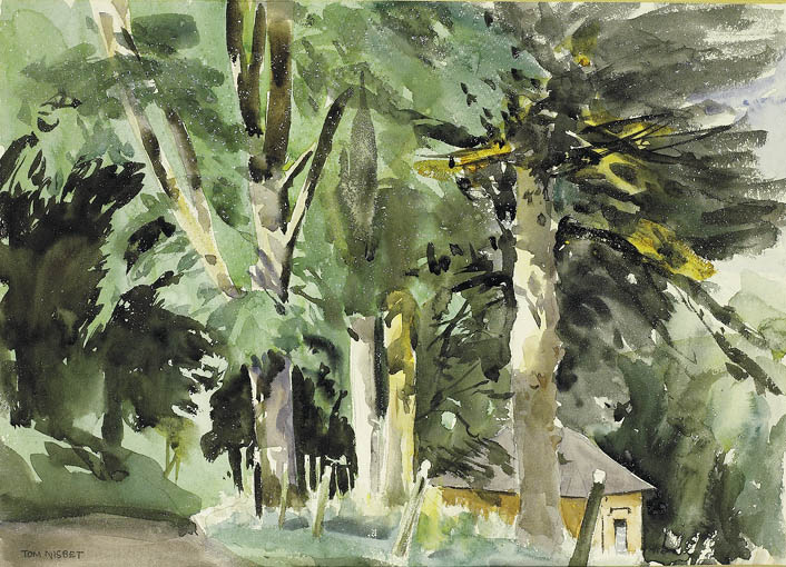 WOODED LANE AND COTTAGE by Tom Nisbet RHA (1909-2001) at Whyte's Auctions