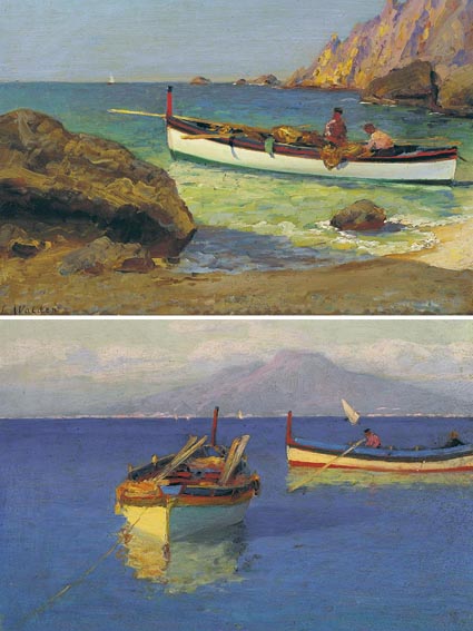 FISHING BOATS IN THE BAY OF NAPLES and FISHING BOAT IN A ROCKY COVE (A PAIR) by Lionel Walden (American, 1861-1933) at Whyte's Auctions