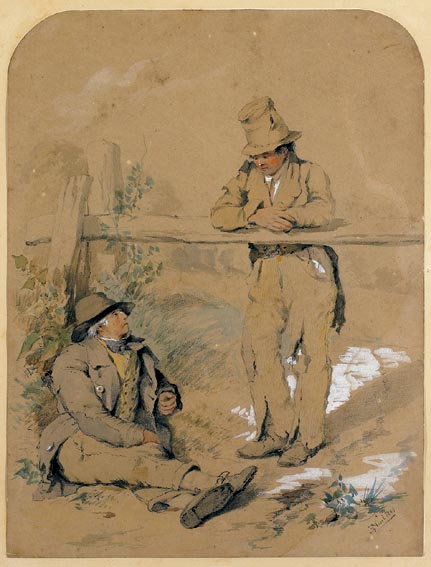 A PAIR OF RUSTICS BY A FENCE by Erskine Nicol ARA RSA (1825-1904) at Whyte's Auctions