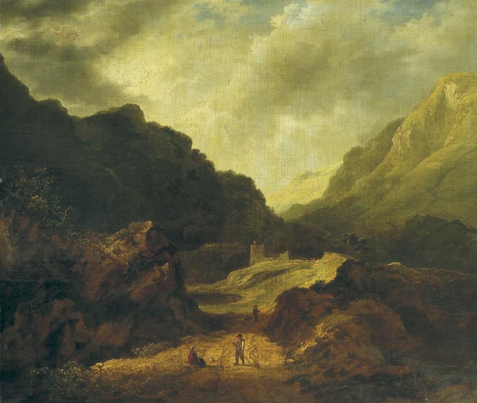TRAVELLERS ON A PATH THROUGH A VALLEY WITH LAKE AND RUINS by James Arthur O'Connor sold for 28,000 at Whyte's Auctions