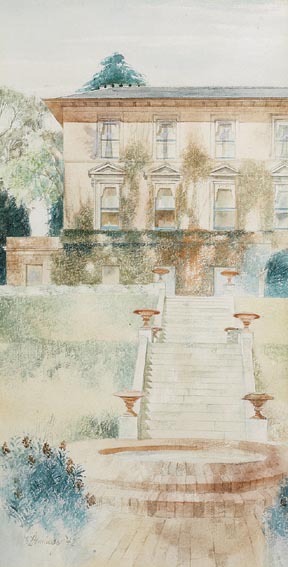 VIEW OF A COUNTRY HOUSE WITH TERRACE GARDEN AND STEPS by Patrick Hennessy RHA (1915-1980) at Whyte's Auctions