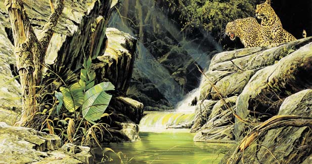 LEOPARDS BY A WATERFALL by Craig Bone (Zimbabwean, b.1955) at Whyte's Auctions