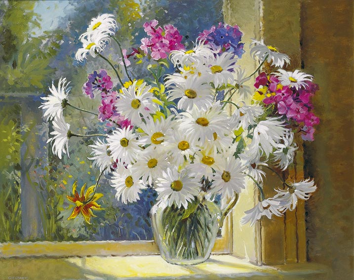 MICHAELMAS DAISIES AND PHLOX ON A WINDOWSILL by Geraldine O'Brien sold for 3,800 at Whyte's Auctions