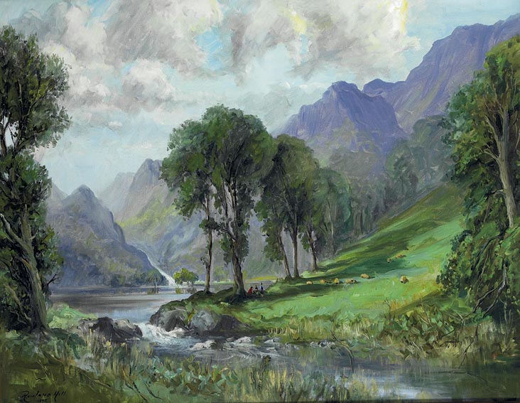 MOUNTAIN VALLEY WITH SHEEP GRAZING AND CHILDREN BY A RIVER by Rowland Hill ARUA (1915-1979) at Whyte's Auctions