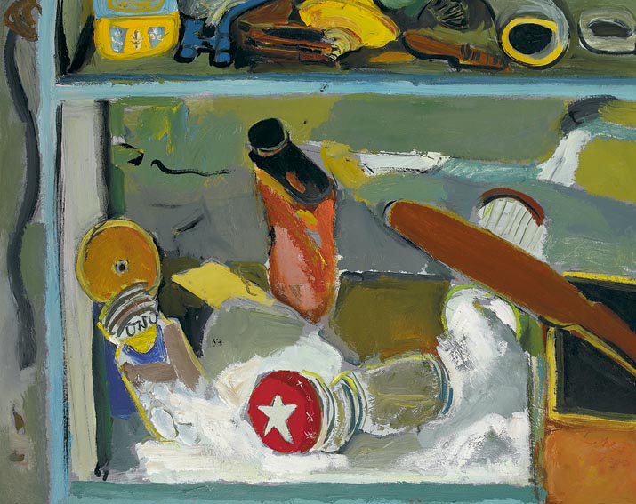 INTERIOR OF CUPBOARD IN PUMPROOM WITH MAXWELL HOUSE JAR AND UNO PAINT by Elizabeth Cope (b.1952) at Whyte's Auctions