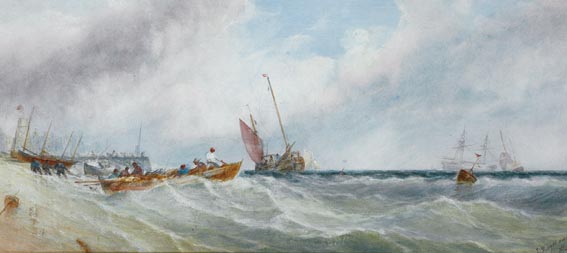 LAUNCHING THE BOATS NEAR A PIER by Edwin Hayes RHA RI ROI (1819-1904) at Whyte's Auctions
