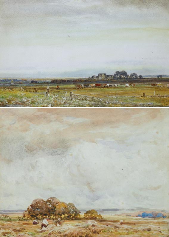 VIEW OF CAMBER CASTLE, RYE and HAYMAKING NEAR TEWKESBURY, GLOUCESTERSHIRE (A PAIR) by Claude Hayes RI ROI (1852-1922) at Whyte's Auctions