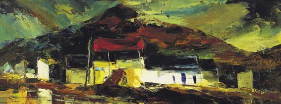 FARM BUILDINGS AND SHELTER BEFORE A MOUNTAIN by Kenneth Webb RWA FRSA RUA (b.1927) at Whyte's Auctions