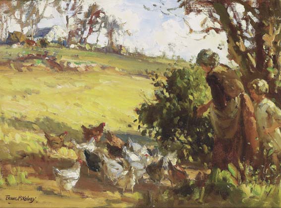 WOMAN AND CHILD FEEDING HENS by Frank McKelvey RHA RUA (1895-1974) at Whyte's Auctions