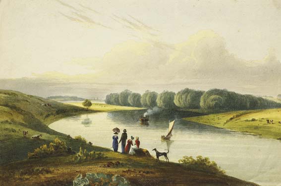 GROUP OF FIGURES WITH HOUND BEFORE A RIVER, NEAR BELFAST by William Nicholl (1794-1840) at Whyte's Auctions
