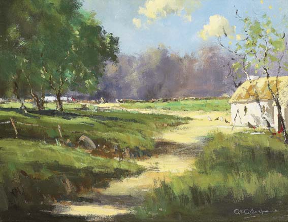 LANDSCAPE WITH THATCHED COTTAGE AND HENS by George K. Gillespie RUA (1924-1995) RUA (1924-1995) at Whyte's Auctions
