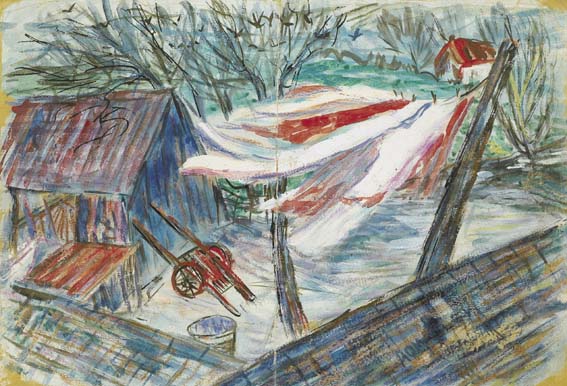 WINDY FARMYARD, COUNTY WEXFORD, c.1950s by Tony O'Malley HRHA (1913-2003) at Whyte's Auctions