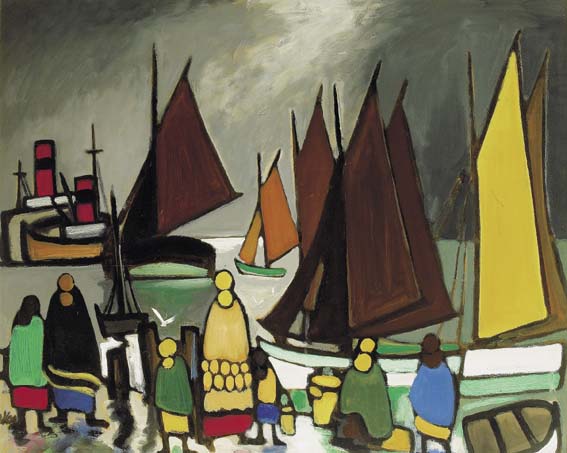 HARBOUR SCENE WITH WOMEN AND CHILDREN WATCHING THE BOATS by Markey Robinson (1918-1999) at Whyte's Auctions