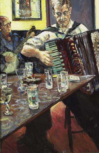 ACCORDIAN PLAYER IN THE SKERRY INN by Hector McDonnell ARUA (b.1947) at Whyte's Auctions