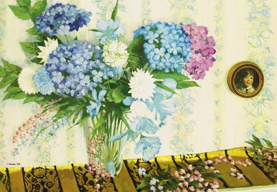 DAHLIAS, CHRYSANTHEMUMS AND HYDRANGEA by Henry Robertson Craig RHA (1916-1984) at Whyte's Auctions