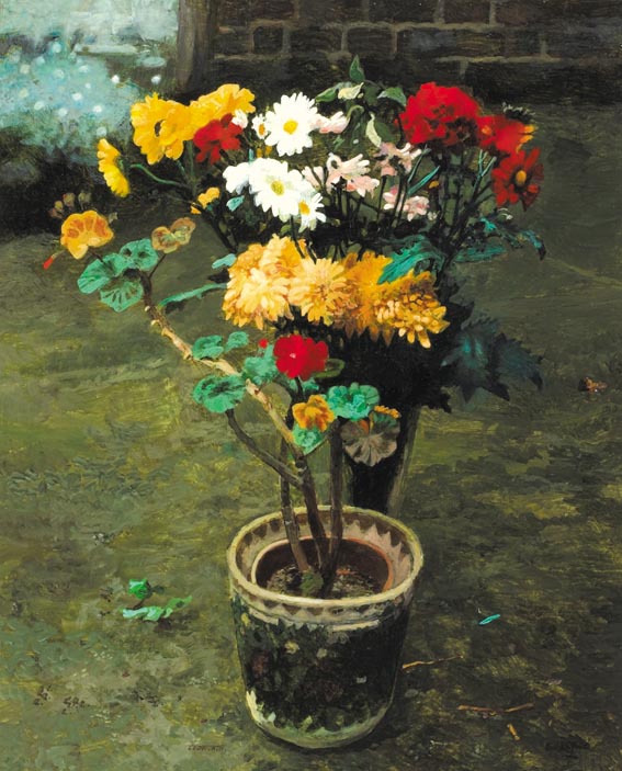 POTTED GERANIUMS WITH VASE OF CHRYSANTHEMUMS by Jack Cudworth (1930-2010) (1930-2010) at Whyte's Auctions