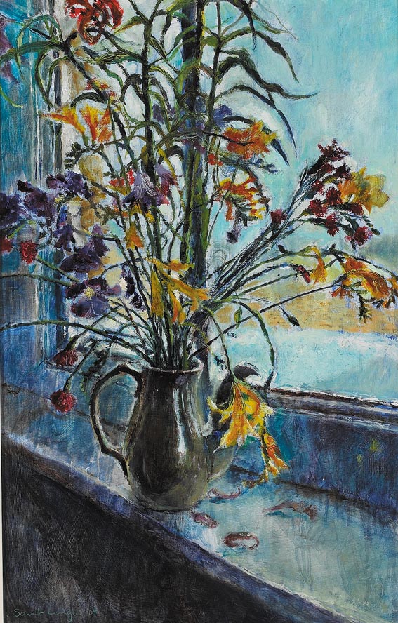 COFFEE POT WITH LILIES AND MONTBRETIA ON A WINDOWSILL by Sarah Longley (b.1975) at Whyte's Auctions