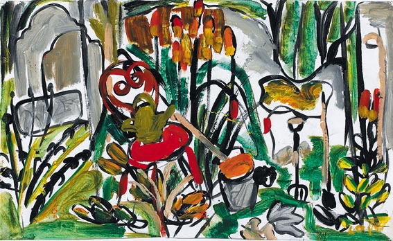 GARDEN SCENE WITH RED HOT POKERS by Elizabeth Cope (b.1952) at Whyte's Auctions