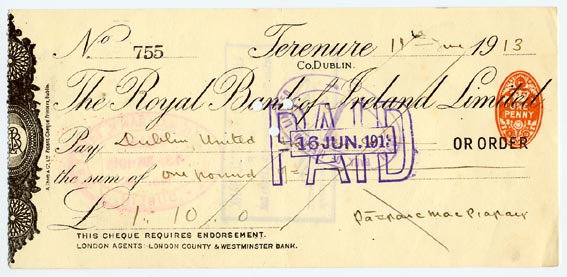 PDRAIG PEARSE SIGNATURE ON 1913 CHEQUE at Whyte's Auctions