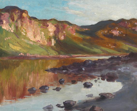 LAKE SHORELINE WITH HILLS REFLECTED IN WATER at Whyte's Auctions