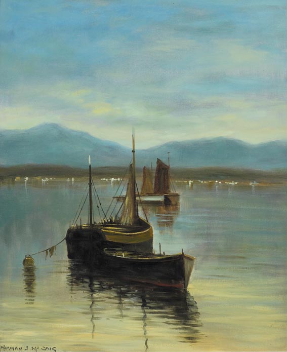 FISHING TRAWLERS MOORED IN A HARBOUR by Norman J. McCaig (1929-2001) at Whyte's Auctions