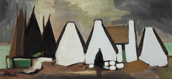 VILLAGE BY SEA WITH BOATS AND SHAWLIE by Markey Robinson (1918-1999) at Whyte's Auctions