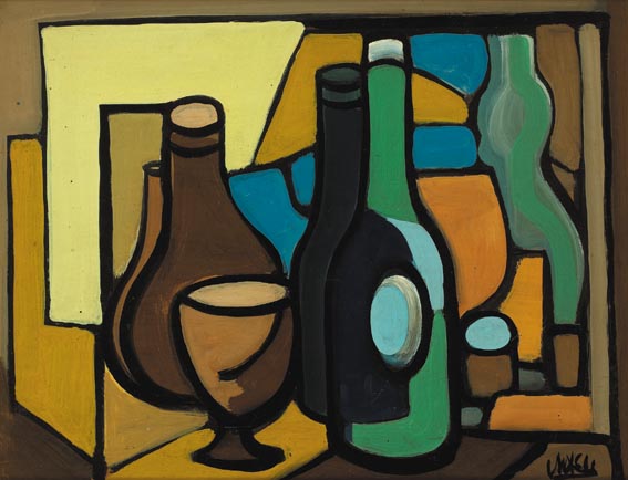 STILL LIFE WITH WINE BOTTLES AND GOBLET by Markey Robinson sold for 3,300 at Whyte's Auctions