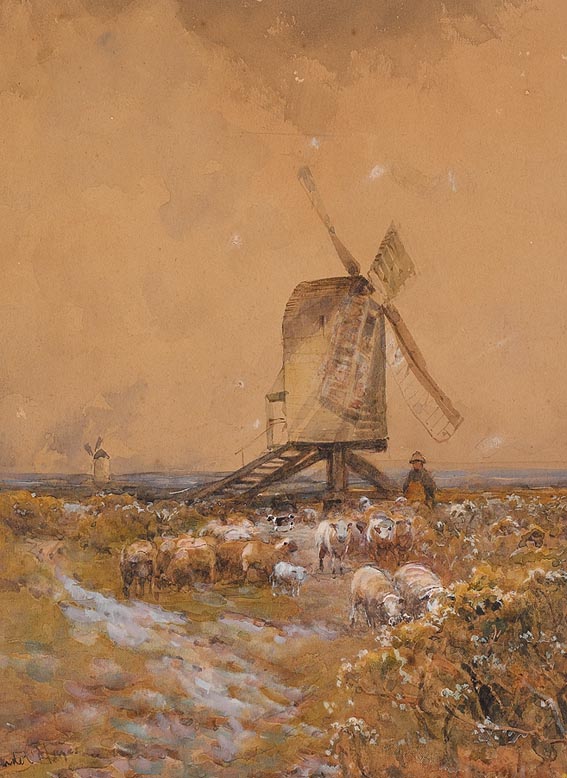 SHEPHERD AND FLOCK BEFORE A WINDMILL by Claude Hayes RI ROI (1852-1922) RI ROI (1852-1922) at Whyte's Auctions