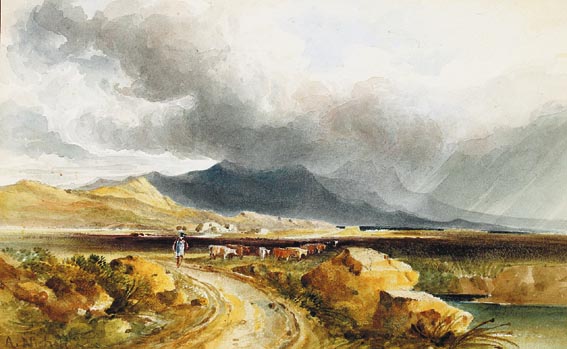 CATTLE IN BOGLAND, WITH A RAIN SHOWER APPROACHING by Andrew Nicholl RHA (1804-1886) at Whyte's Auctions