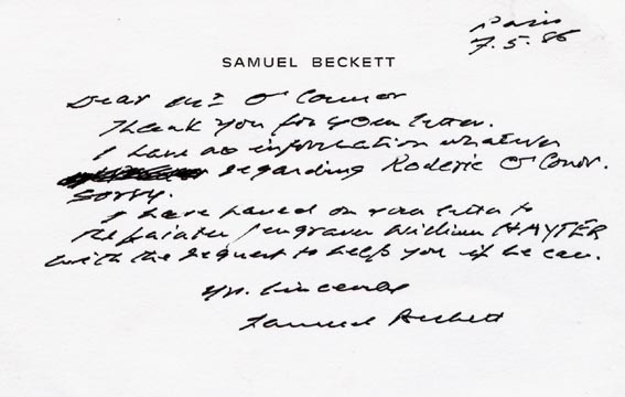 Autograph letter signed (Samuel Beckett) to Michael J. O'Connor by Samuel Beckett (1906-1989) (1906-1989) at Whyte's Auctions