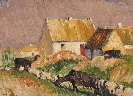 CATTLE GRAZING BY A COTTAGE, CARRAROE, COUNTY GALWAY by Charles Vincent Lamb sold for 3,800 at Whyte's Auctions