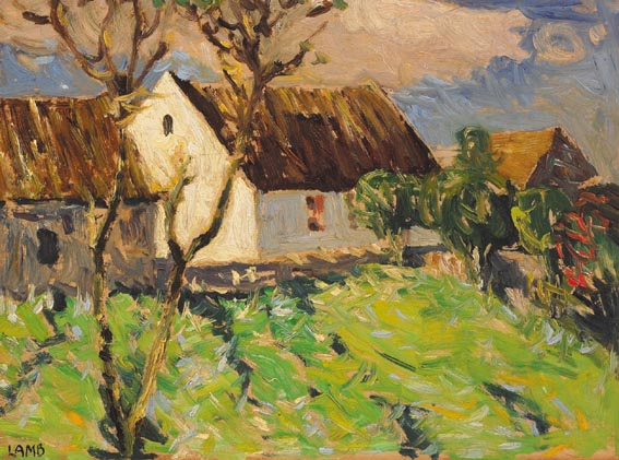 THATCHED COTTAGES WITH TREES AND FIELD by Charles Vincent Lamb sold for �5,000 at Whyte's Auctions