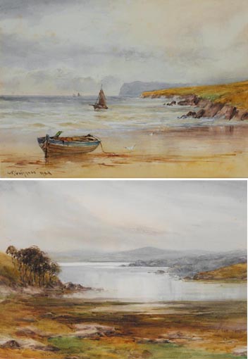 COASTAL SCENE WITH ROW-BOAT ON STRAND and AN INLET WITH SEAWEED AND ROCKS AT LOW TIDE (A PAIR) by William Bingham McGuinness RHA (1849-1928) at Whyte's Auctions