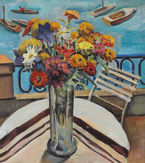 MIXED FLOWERS ON A BALCONY OVERLOOKING BOATS ON WATER by Father Jack P. Hanlon (1913-1968) at Whyte's Auctions